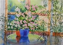 Flowers in a blue pot, Painting by Chitra Vaidya, Watercolour on Paper, 8 x 11 inches