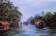 Backwaters, Kerala - 1, Painting by Chitra Vaidya, Watercolour on Paper, 24 x 36 inches