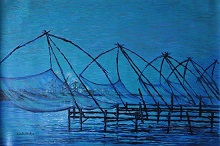 Chinese Fishing nets, Painting by Chitra Vaidya, Acrylic on Canvas, 24 x 36 inches