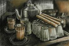 At a Chai shop in Himachal, Painting by Chitra Vaidya, Charcoal on Handmade paper, 14 x 21 inches