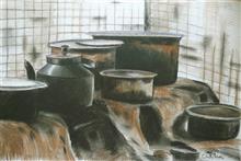 From a Dhaba in Himachal, painting by Chitra Vaidya, Charcoal on handmade Paper, 14.5 x 21.5 inches