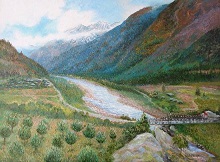 Rakcham, Sangla Valley, Painting by Chitra Vaidya, Oil on Canvas, 36 x 48 inches