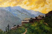 Shoja Village, Himachal, Painting by Chitra Vaidya, Oil on Canvas, 24 x 36 inches