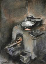 Sweets shop in Himachal, Painting by Chitra Vaidya, Charcoal & Water colour on Handmade paper, 21 x 14 inches
