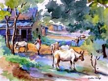 Village - 3, Painting by Chitra Vaidya, Watercolour on paper, 10 x 14 inches