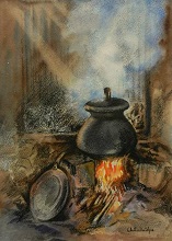 Chulha - 1, Painting by Chitra Vaidya, Watercolour & Charcoal on Paper, 14 x 10 inches