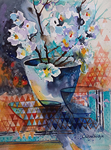 Still life with flowers - 1, Painting by Chitra Vaidya, Watercolour on Handmade paper, 15.5 x 11.5 inches