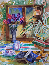 Study table and a flower vase, painting by Chitra Vaidya, Watercolour on handmade paper, 15.5 x 11.5 inches
