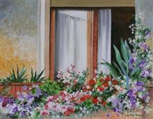 Floral Balcony - 1, Painting by Chitra Vaidya, Acrylic on Canvas, 14 x 18 inches